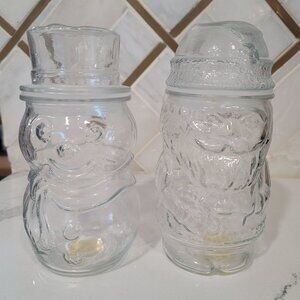 Vintage Libbey Santa Claus & Snowman Cookie Candy Glass Jar With Lids Holiday